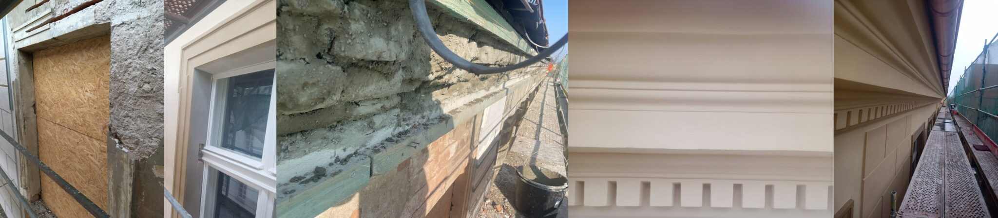 Rekonstrukcja gzymsów i opasek okiennych w trakcie i po zakończeniu prac