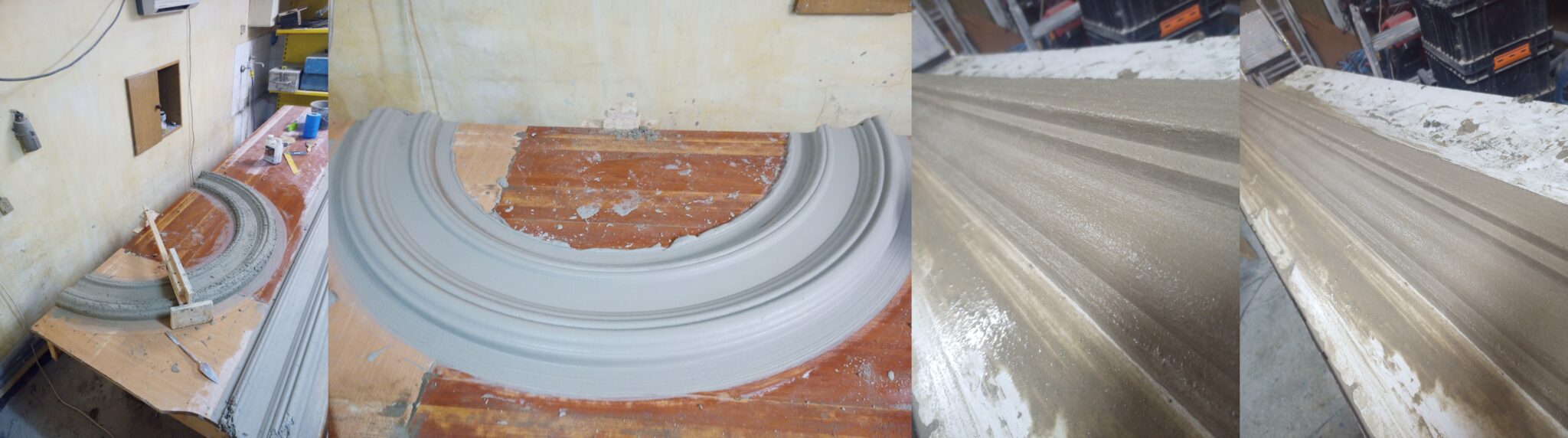 Prefabrykowane profile ciągnione ręcznie na stole roboczym – przygotowanie detalu architektonicznego