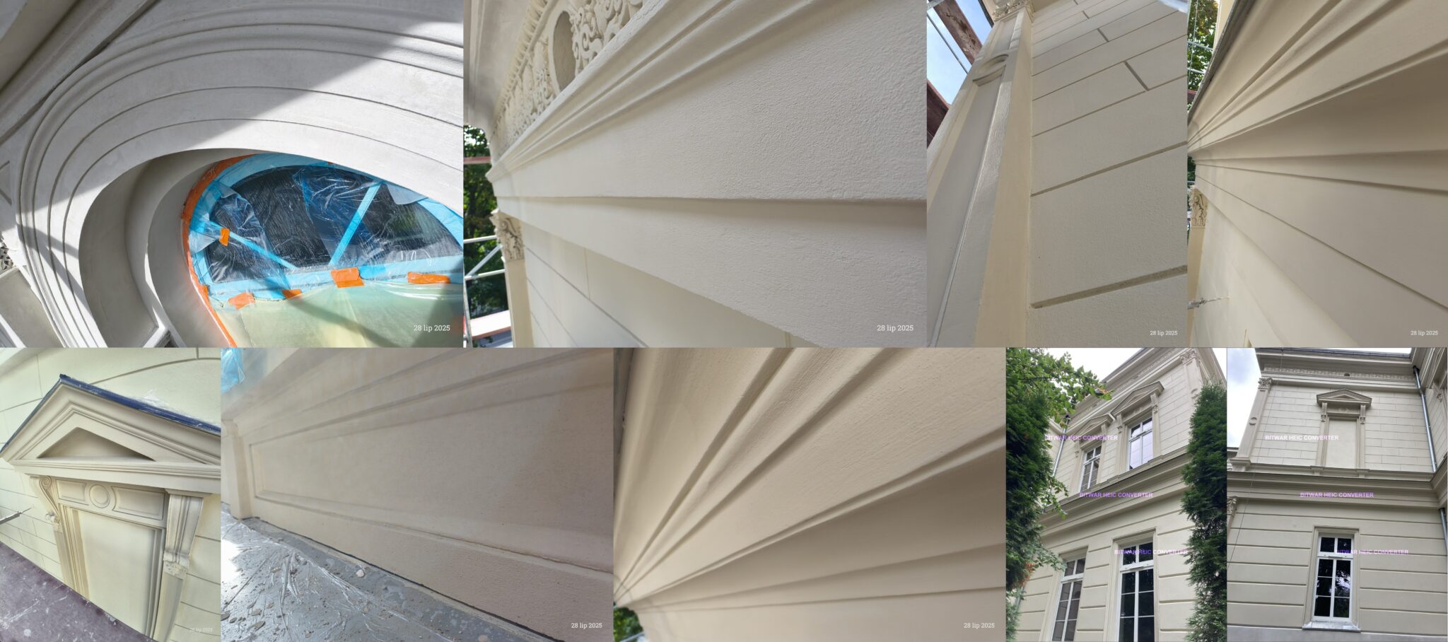 Efekt końcowy renowacji elewacji – odtworzone gzymsy, profile ciągnione i detale architektoniczne