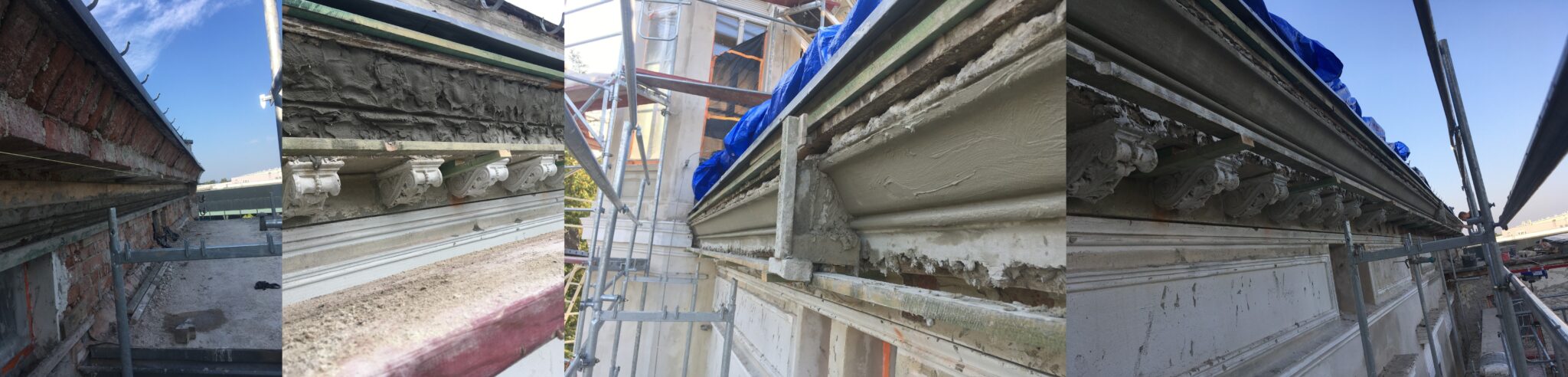 Wykonywanie gzymsu metodą ciągnionego szablonem bezpośrednio na elewacji – prace w trakcie realizacji