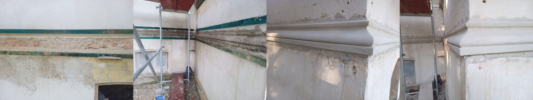 Wykonywanie gzymsu metodą ciągnioną szablonem bezpośrednio na elewacji – prace w trakcie realizacji