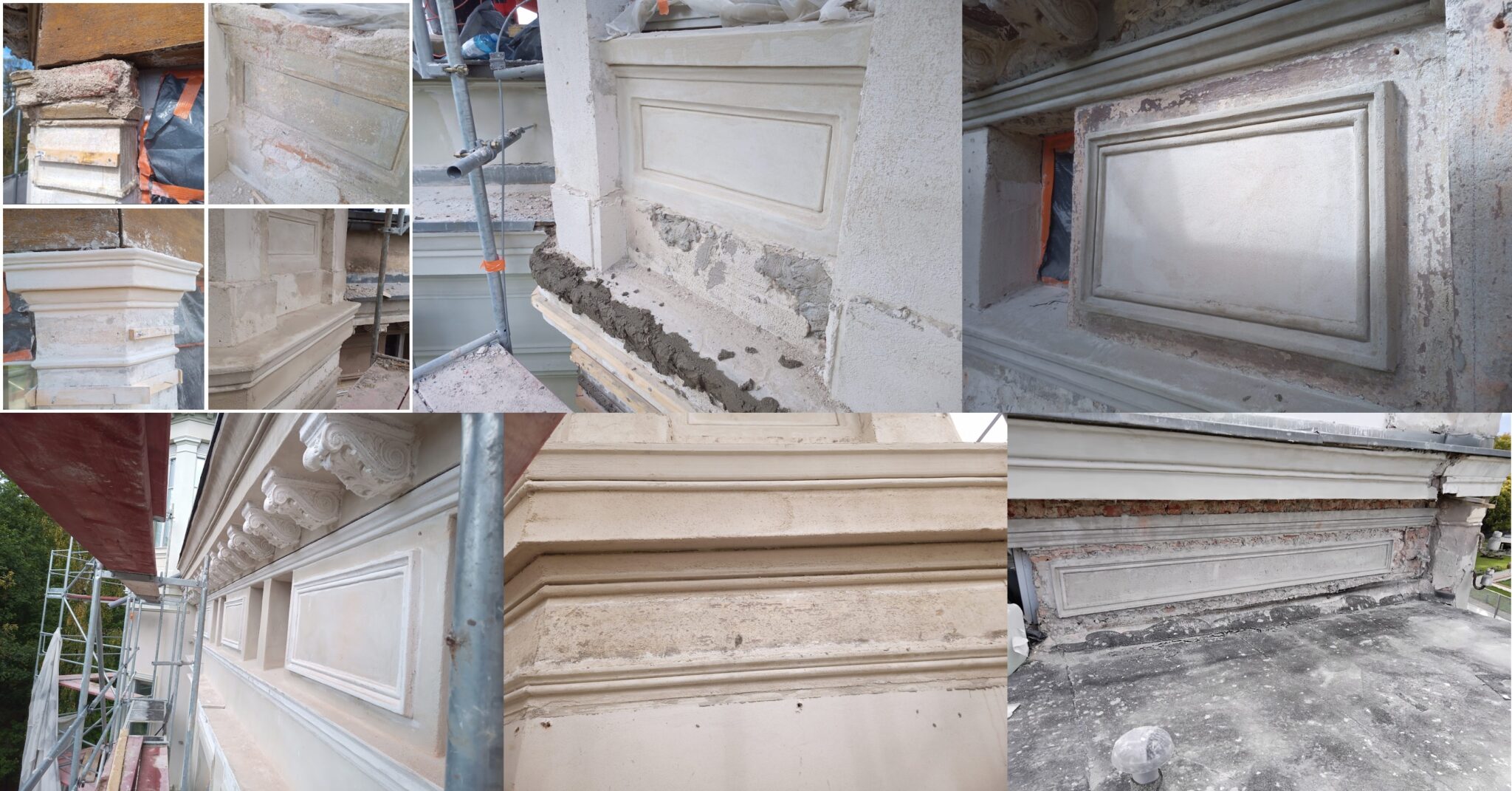 Renowacja i rekonstrukcja detali elewacyjnych – gzymsy, płyciny i profile ciągnione, prace w toku