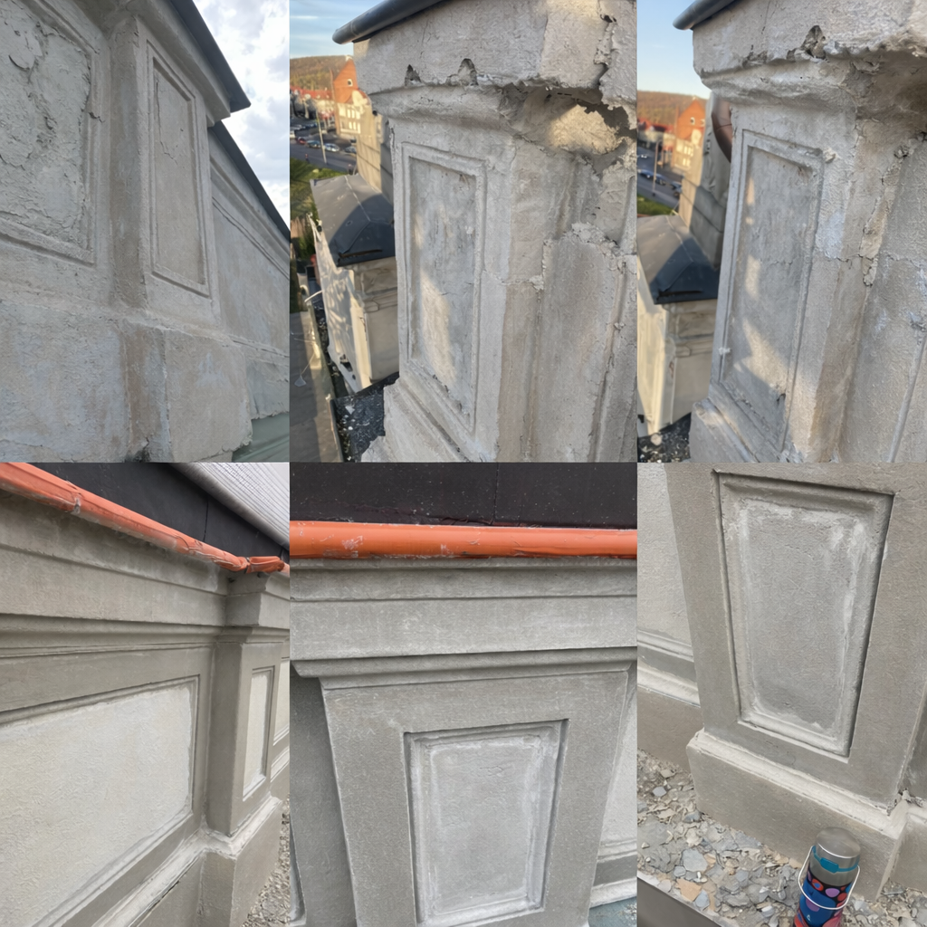 Renowacja płycin elewacyjnych i gzymsów w trakcie prac